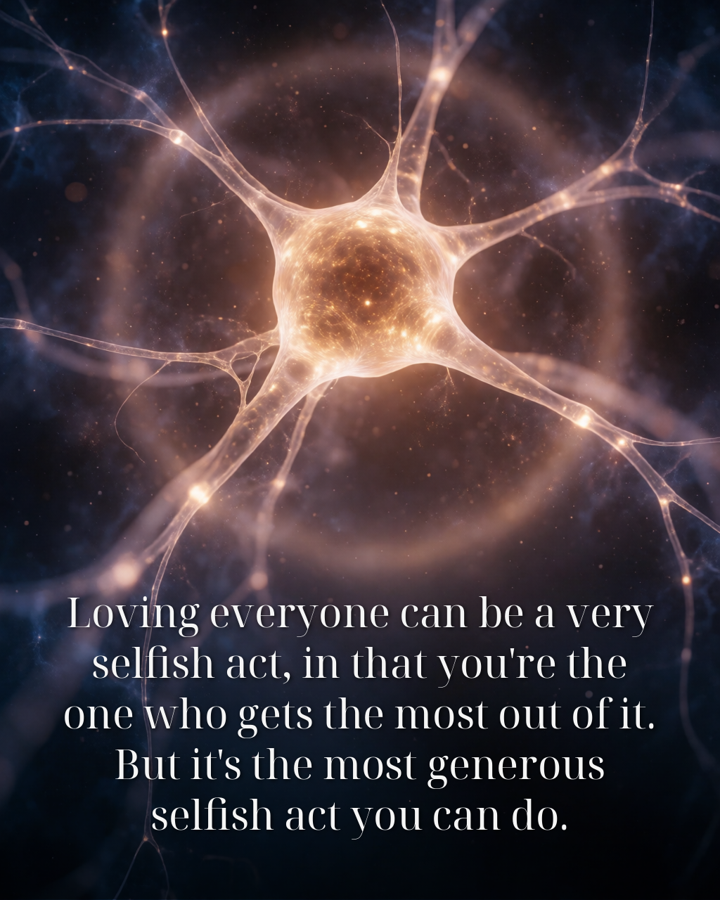 Loving everyone can be a very selfish act, in that you're the one who gets the most out of it. But it's the most generous selfish act you can do.